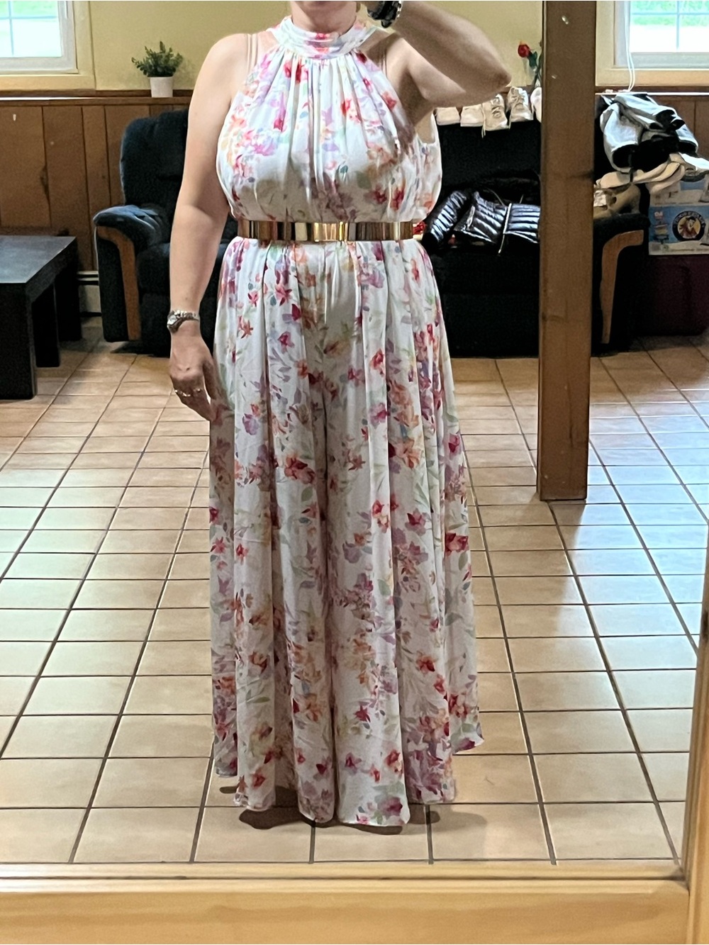 1. State White Halter Maxi jumpsuit with colorful flowers Accents